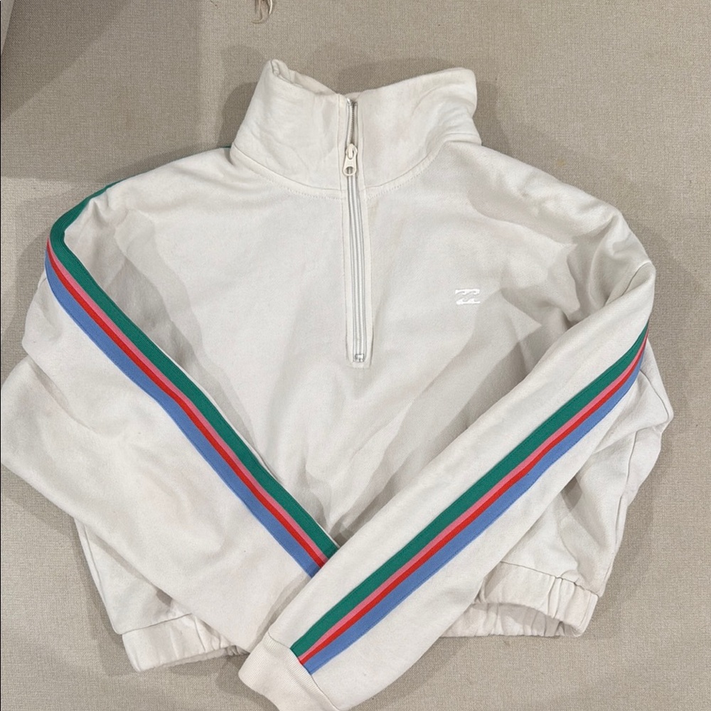 White Half-Zip Sweater with Striped Sleeves